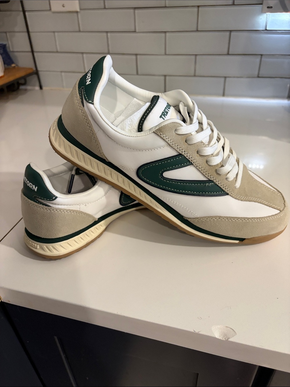 Tretorn White Sneakers with Green Trim and Beige Suede W 9.5